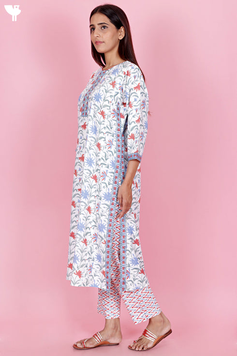 Bizzy Lizzy Kurta And Pant Set With Kota Dupatta In Block Print